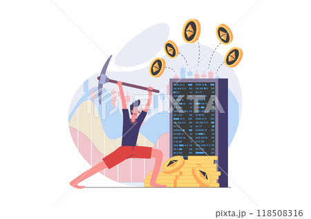 Cryptocurrency mining concept in modern flat design for web. Man miner with pick works with digital farm, gets different crypto money at wallet, selling coins at marketplace. Illustration. Cryptocurrency mining concept in modern flat design for web. Man miner with pick works with digital farm, gets different crypto money at wallet, selling coins at marketplace. Illustration. 118508316