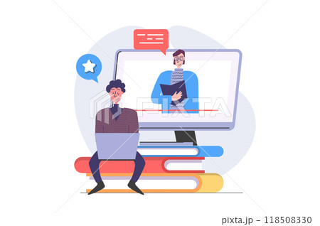 Back to school concept in modern flat design for web. Student learning online and watching video lessons, training distantly at laptop, studying at e-learning programs or courses. Illustration. Back to school concept in modern flat design for web. Student learning online and watching video lessons, training distantly at laptop, studying at e-learning programs or courses. Illustration. 118508330