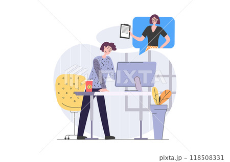 Back to school concept in modern flat design for web. Student learning online and watching video lessons with explaining teacher, studying distantly, doing homework at computer. Illustration. Back to school concept in modern flat design for web. Student learning online and watching video lessons with explaining teacher, studying distantly, doing homework at computer. Illustration. 118508331