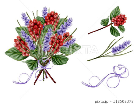 Bouquet of coffee branches, red coffee berries tied with purple ribbon in the shape of a heart with lavender flowers 118508378