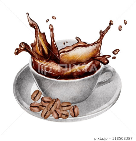 Coffee with splashes and coffee beans Coffee with splashes and coffee beans 118508387