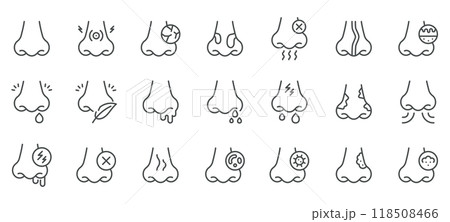 Nose and Nasal Conditions Icon Set. Thin Line Vector Symbols of Congestion, Sinusitis, Infection, Allergies, Polyps, Dryness, Runny Nose, Nasal Pain, Bad Smell, Nasal Infection and Respiratory Issue 118508466