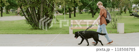 Website banner of man with visual impairment walking in park with his black Labrador 118508705