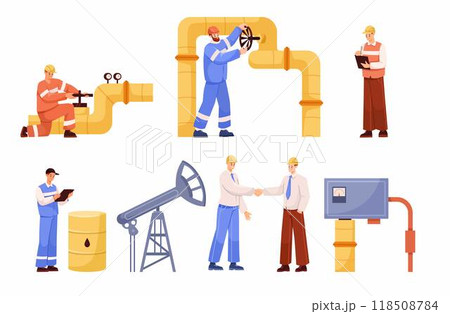 Oil Industry Man Worker Character Stand in Uniform Vector Illustration Set Oil Industry Man Worker Character Stand in Uniform Vector Illustration Set 118508784