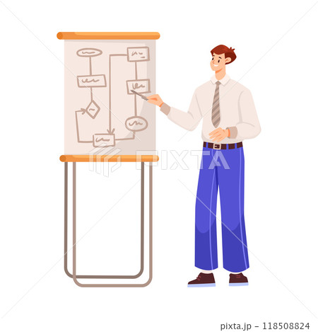 Man Office Staff Character at Workplace Show Presentation Vector Illustration Man Office Staff Character at Workplace Show Presentation Vector Illustration 118508824