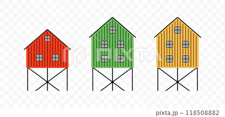Norwegian fishing homes on stilts, graphic design. Houses on stilts, architecture and cabin, vector design and illustration 118508882