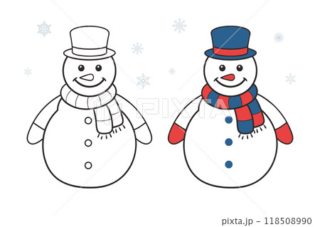 Cute funny snowman line art coloring page for kids. Illustration for children. Coloring book Cute funny snowman line art coloring page for kids. Illustration for children. Coloring book 118508990