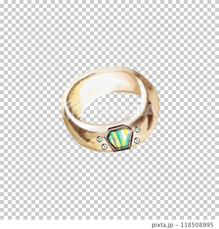 Golden ring with natural mother-of-pearl insert in watercolor. Isolated illustration of jewelry for design of catalogs, advertising campaigns, fashion magazines, social networks, presentations 118508995