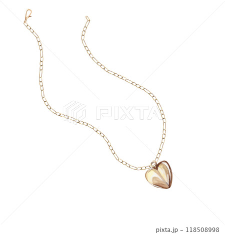 Unfastened gold chain with heart-shaped pendant in watercolor. Isolated illustration of jewelry for design of catalogs, advertising campaigns, fashion magazines, social networks, presentations 118508998