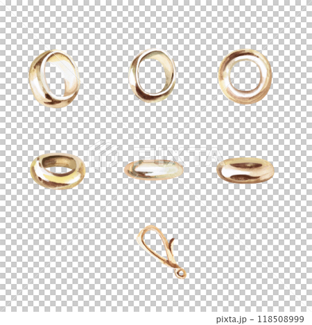 Set of rings and chain lock in watercolor. Isolated illustration of details for design of catalogs, advertising campaigns, fashion magazines, social networks, presentations, jewelry design courses 118508999