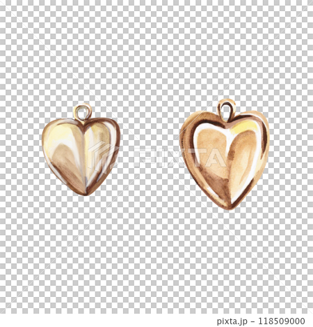 Two heart-shaped pendants in watercolor. Isolated illustration of pendants for design of catalogs, advertising campaigns, fashion magazines, social networks, presentations, jewelry design courses 118509000