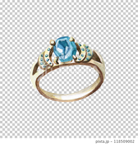 Golden ring with blue topaz in realistic watercolor style. Isolated jewelry illustration for website design, fashion magazines, presentations, jewelry design courses. 118509002