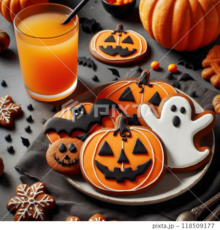 Halloween cookies in the shape of a pumpkin, ghosts on a black plate, festive decoration 118509177