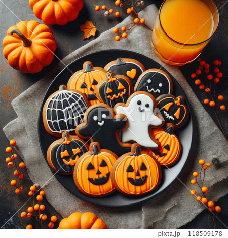 Halloween cookies in the shape of a pumpkin, ghosts on a black plate, festive decoration 118509178