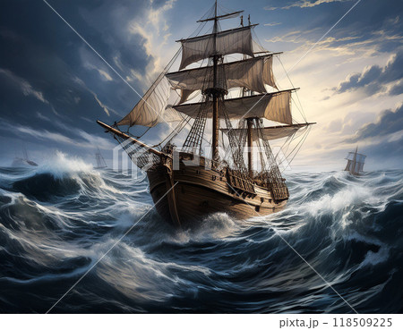 荒れた海面に浮かぶ帆船 荒れた海面に浮かぶ帆船 118509225
