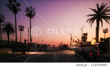 Purple sunset with palm trees. Evening beach in California. Palms and dusk sky. Palms silhouette on twilight sky, California. Santa Monica Pier Purple sunset with palm trees. Evening beach in California. Palms and dusk sky. Palms silhouette on twilight sky, California. Santa Monica Pier 118509460