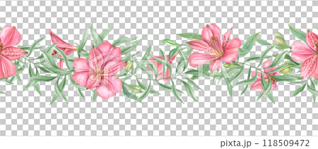 Pink flowers with green eucalyptus leaves watercolor horizontal seamless banner. Alstroemeria with greenery painted floral illustration for textile, wedding decor, design 118509472