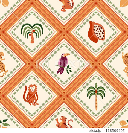 Checkered tropical pattern, summer beach seamless print. Vector jungle palm tree, monkey, leopard, tiger. 118509495