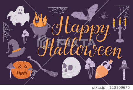Happy Halloween flat banner with calligraphy Happy Halloween flat banner with calligraphy 118509670