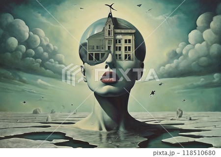 Surreal portrait in gloomy colors with grunge paper texture. 118510680
