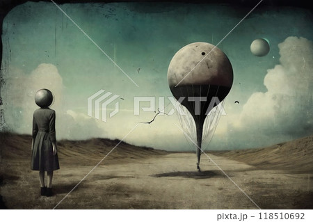 Surreal landscape in gloomy colors and grunge paper texture. 118510692