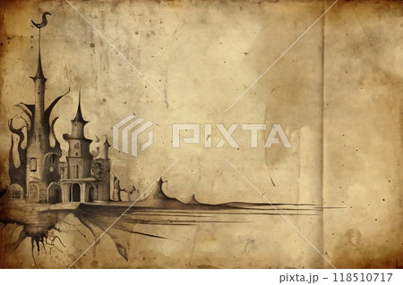 Fantasy castle illustration on old craft paper with grunge texture. 118510717