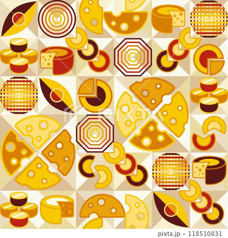 Seamless pattern with icons of Cheese slices, abstract shapes in flat simple geometric style. White mosaic background. For branding, decoration of food package, textile kitchen prints Seamless pattern with icons of Cheese slices, abstract shapes in flat simple geometric style. White mosaic background. For branding, decoration of food package, textile kitchen prints 118510831
