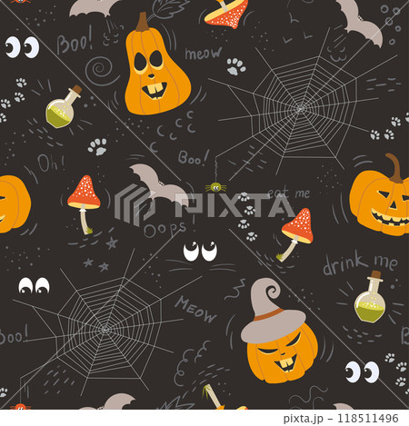 Cartoon Halloween seamless background. Bat and pumpkins, mushrooms, spider web, paw cat. Vector Cartoon Halloween seamless background. Bat and pumpkins, mushrooms, spider web, paw cat. Vector 118511496