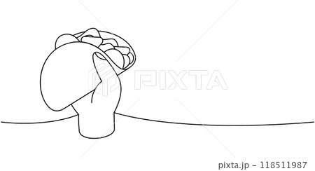 Hand holding Mexican beef taco one line continuous drawing. Traditional Mexican street fast food. Vector linear illustration. Hand holding Mexican beef taco one line continuous drawing. Traditional Mexican street fast food. Vector linear illustration. 118511987