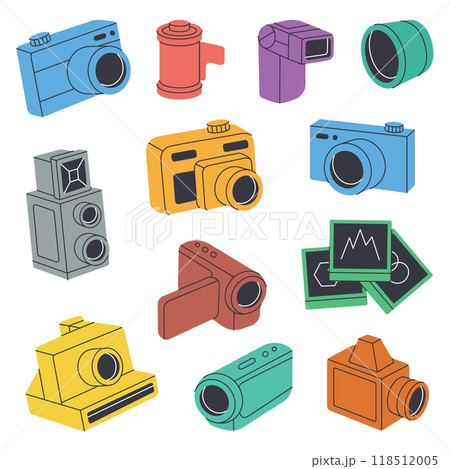 Camera kit. Professional photo equipment. Lens with shutters, video and action cam, instant camera, film strips, external flash. Vector illustration. Camera kit. Professional photo equipment. Lens with shutters, video and action cam, instant camera, film strips, external flash. Vector illustration. 118512005