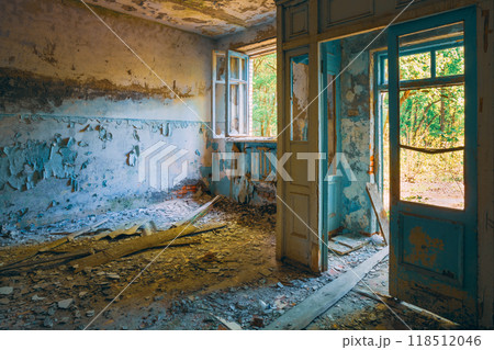 Dilapidated passage in school of Pripyat. Chernobyl Disaster Dilapidated passage in school of Pripyat. Chernobyl Disaster 118512046