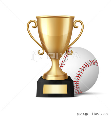 Vector 3D Realistic Yellow Golden Champion Cup and Baseball Set. Metal Trophy Design Template for Sports Championship. Trophy and Baseball, Front View. Vector Illustration for Sports Concepts 118512209