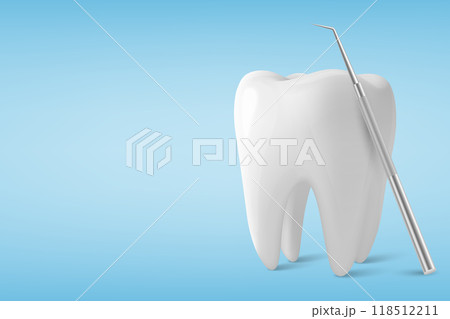 Vector 3d Realistic Tooth and Dental Probe for Teeth Closeup Isolated on Blue Background. Medical Dentist Tool. Design Template, Clipart, Mockup. Dentistry, Healthcare, Hygiene Concept 118512211