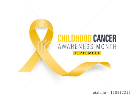 Childhood Cancer Awareness Month Banner, September. Card or Placard with Realistic 3D Vector Gold Yellow Ribbon on White Background. Childhood Cancer Awareness Symbol. World Childhood Cancer Day 118512212