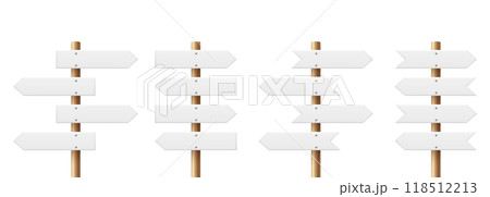 Realistic Sign Post Set. Realistic Blank Road Signboard. Plywood Pointer, Timber, Directional Sign Design Template, Front View. Vector Illustration in 3D Style 118512213