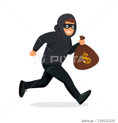 Vector Cartoon Thief Running with Stolen Money Bag. Flat Style Criminal Holding Money Bag with Dollar Sign. Bank Robbery Scene with Thief in Hoodie and Eye Mask Vector Cartoon Thief Running with Stolen Money Bag. Flat Style Criminal Holding Money Bag with Dollar Sign. Bank Robbery Scene with Thief in Hoodie and Eye Mask 118512222