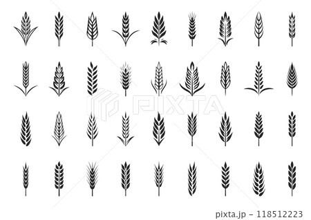 Vector Monochrome Hand-Drawn Cereal Ear Icon Set. Single Color Wheat and Grain Illustrations. Minimalist Grain Art, Wheat Clipart, Cereal Ear Design Elements. Vector Illustration 118512223