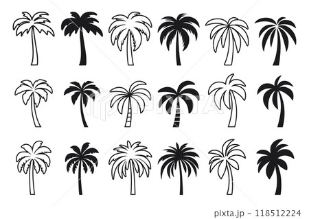 Vector Monochrome Hand-Drawn Palm Tree Icon Set. Single Color Palm Illustrations for Cutting, Tattoo Designs. Minimalist Palm Art, Design Elements. Palm Tree Clipart, Vector Illustration 118512224