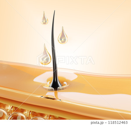 3d hair care render macro background. Scalp skin epidermis layer with collagen cell, follicles and gold oil drops. Nourish and treatment liquid cosmetic serum, essence or shampoo. 3D illustration 3d hair care render macro background. Scalp skin epidermis layer with collagen cell, follicles and gold oil drops. Nourish and treatment liquid cosmetic serum, essence or shampoo. 3D illustration 118512463