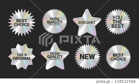 Holographic stickers logos emblem labels color set. Rainbow glow. For packaging product of promotional material. Sticker for clothes or accessories. Vector illustration. 118512588