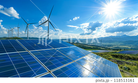 Solar farm, Solar cells panels and wind turbines for electricity alternative renewable energy. 118513161