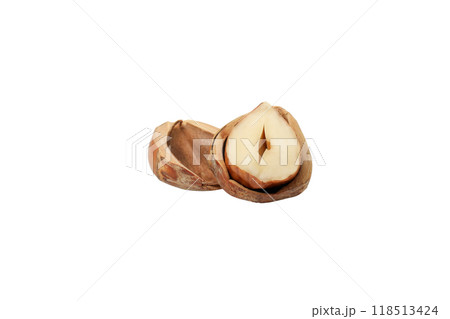 PNG, Half hazelnuts in peelings, isolated on white background PNG, Half hazelnuts in peelings, isolated on white background 118513424