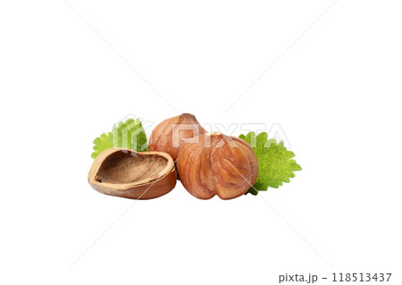 PNG, Peeled whole hazelnuts and leaves, isolated on white background 118513437