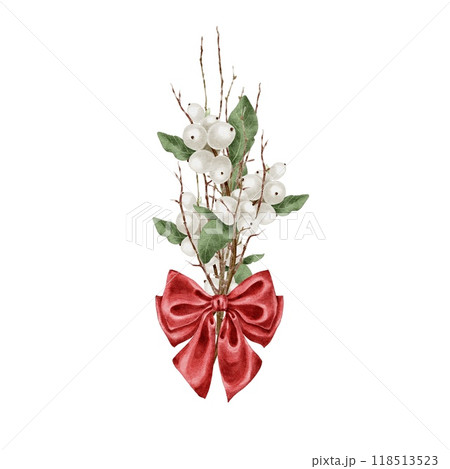 Christmas snowberry bouquet with red bow Watercolor illustration 118513523