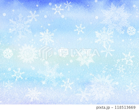しんしんと降る雪の静かな風景。青色の水彩画を背景にした美しい背景イラスト。 118513669
