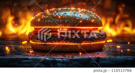 Glowing Burger with Fiery Background 118513766
