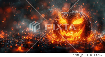 Fiery Jack-O'-Lantern with Glowing Eyes 118513767