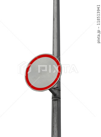 Blank Round Traffic Sign on Pillar on White Background. File with Clipping Path. 118513941