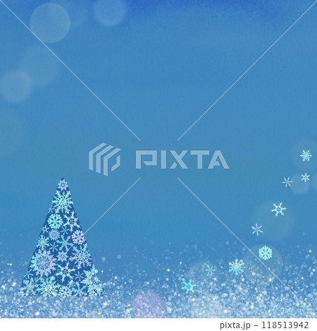 クリスマスツリーと雪の結晶のキラキラフレーム。光あふれる青背景のイラスト。 クリスマスツリーと雪の結晶のキラキラフレーム。光あふれる青背景のイラスト。 118513942