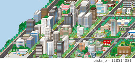 都市景観の立体イラスト.  建物のベクターイラスト. 118514081